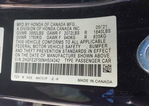 2022 Honda Civic Sport z USA, uszkodzony, nr VIN 2HGFE2F56NH504342